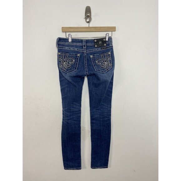 Miss Me Womens 26X32  Blue Denim Jeans Skinny Stretch Fleur De Lis - Picture 3 of 8